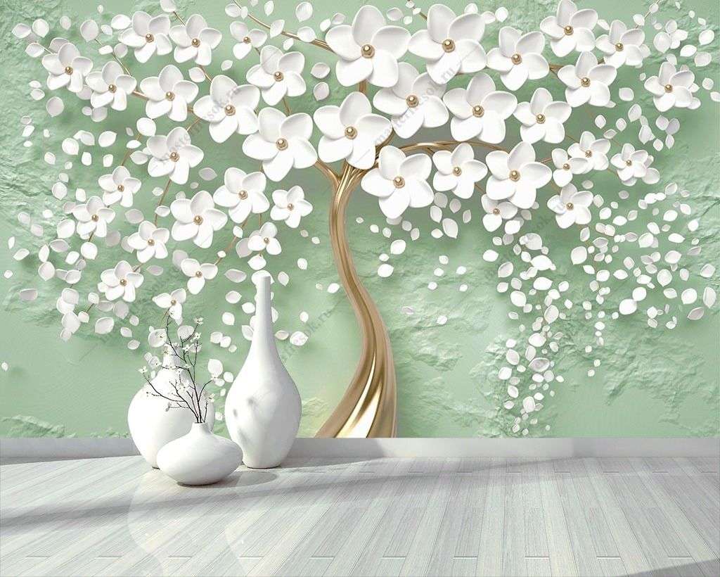 Фотообои в интерьере 3д дерево на зеленом фоне  10-891 фото