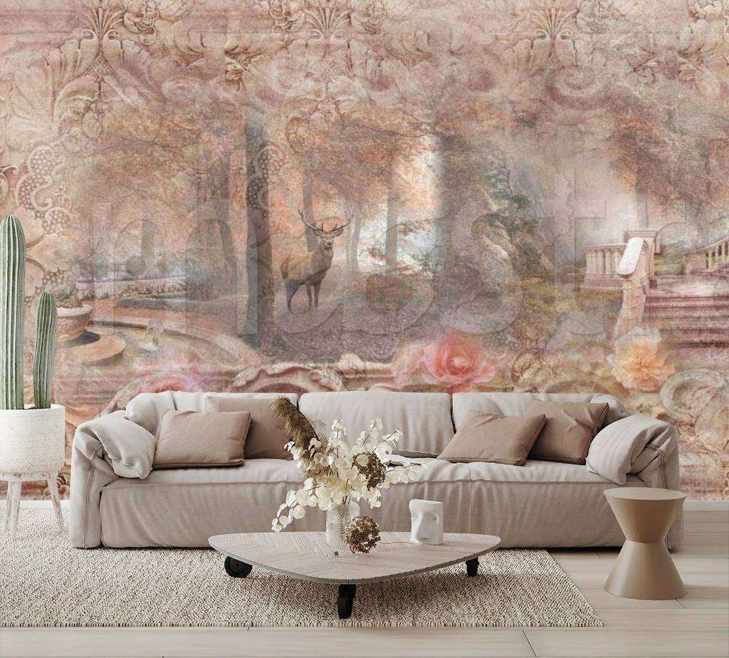 Фотообои в интерьере утренний лес сад в розовых тонах  7-322 фото