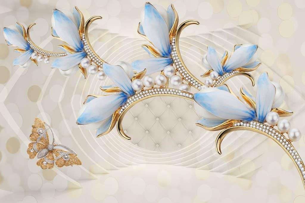 Фотообои в интерьере 3д голубые лепестки  10-922 фото