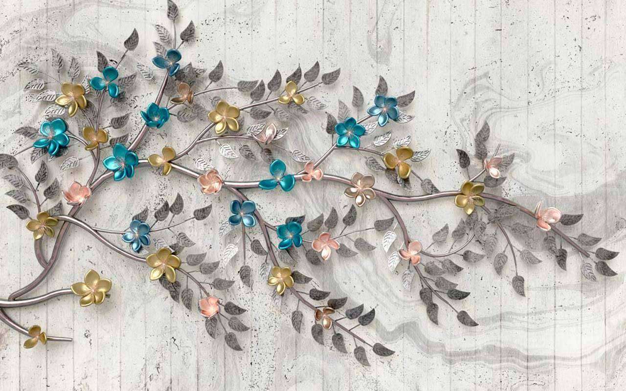 Фотообои в интерьере ветка дерева на сером фоне  10-521 фото