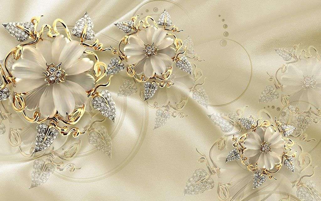 Фотообои в интерьере 3д золотые цветы на шелке  10-930 фото