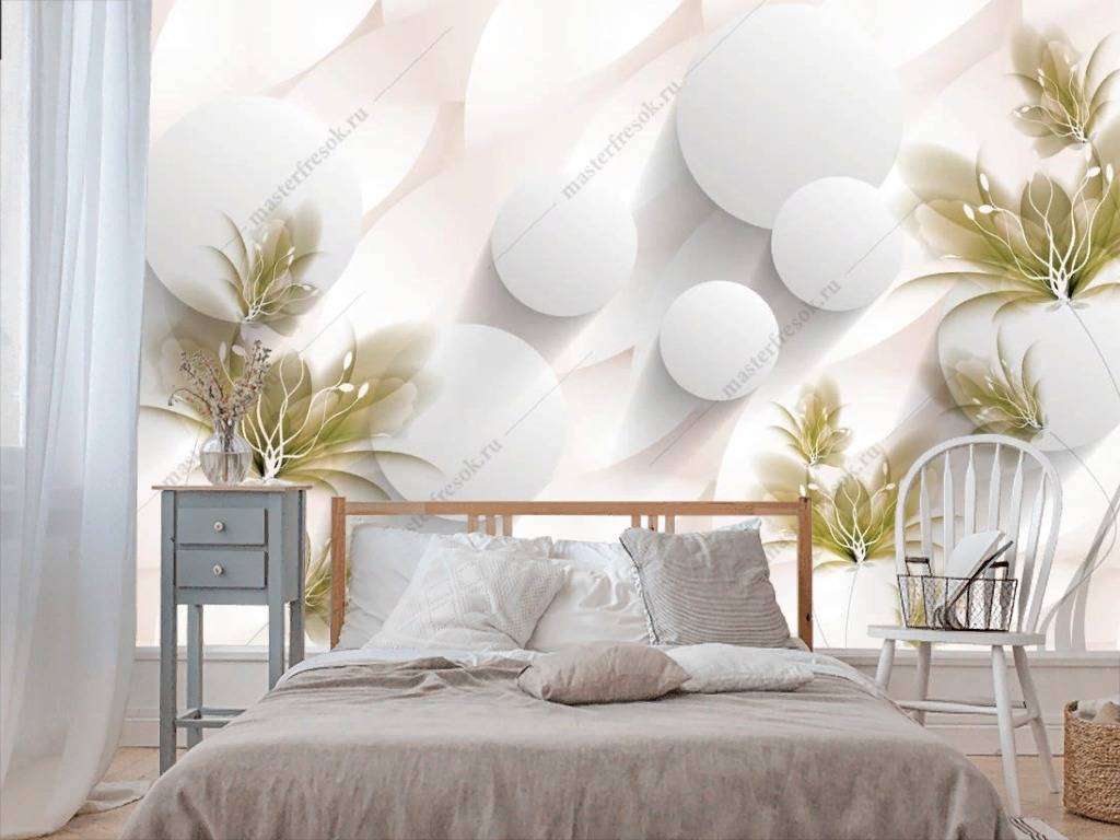 Фотообои в интерьере 3d белый фон с цветами  10-835 фото