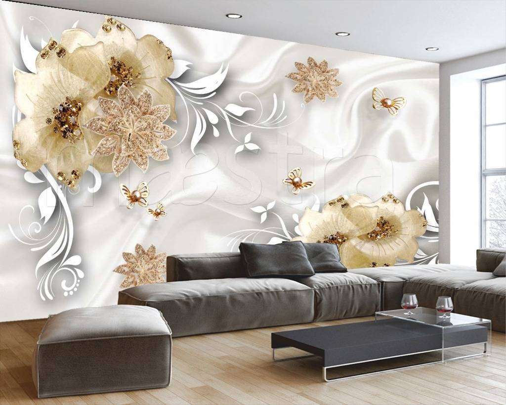 Фотообои в интерьере 3д цветы с виньетками на серой ткани  10-490 фото