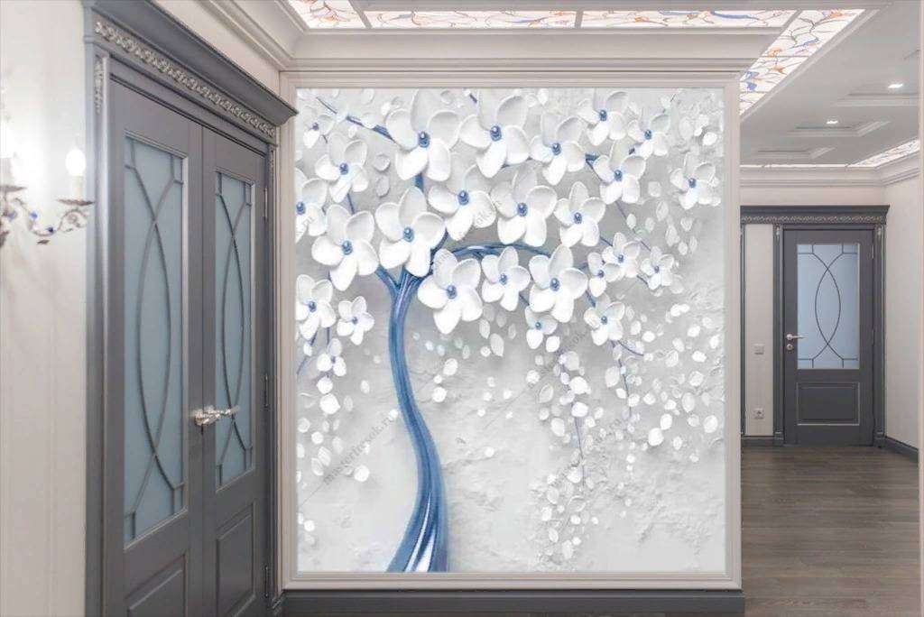 Фотообои в интерьере 3д дерево с золотыми цветами  10-742 фото