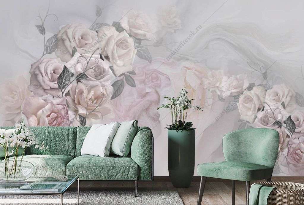Фотообои в интерьере пастельные розы  13-371 фото