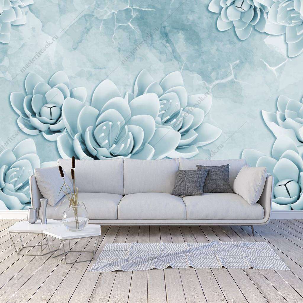 Фотообои в интерьере 3д голубые цветы  10-651 фото