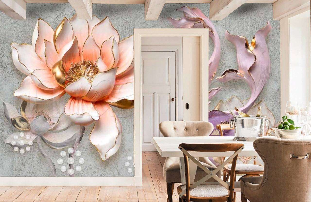 Фотообои в интерьере 3д цветы и рыбы  7-802 фото