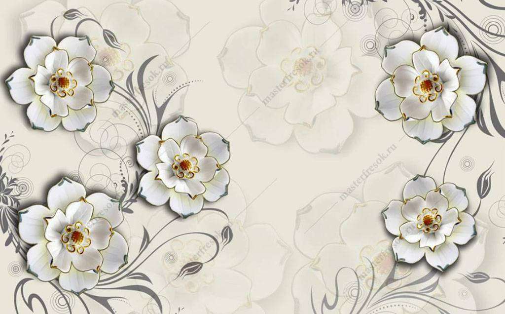 Фотообои в интерьере цветы 3д на бежевом фоне  16-185 фото