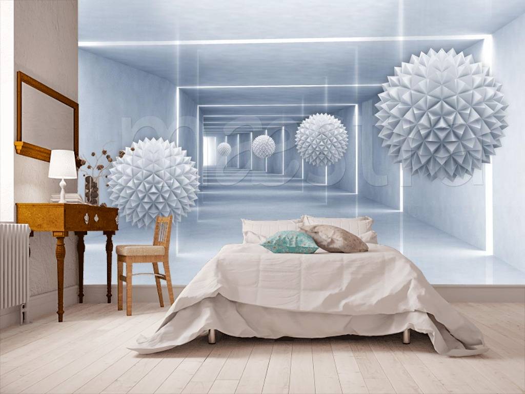 Фотообои 3д шары летящие в синюю воронку  10-527