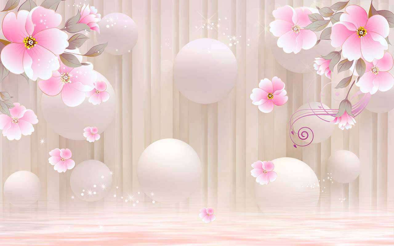 Фотообои в интерьере 3д цветы на фоне шаров  10-581 фото