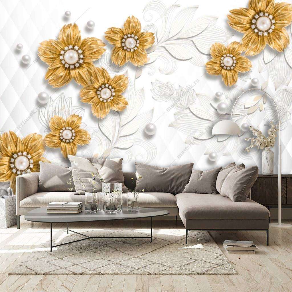 Фотообои в интерьере 3д позолоченные цветы  10-860 фото