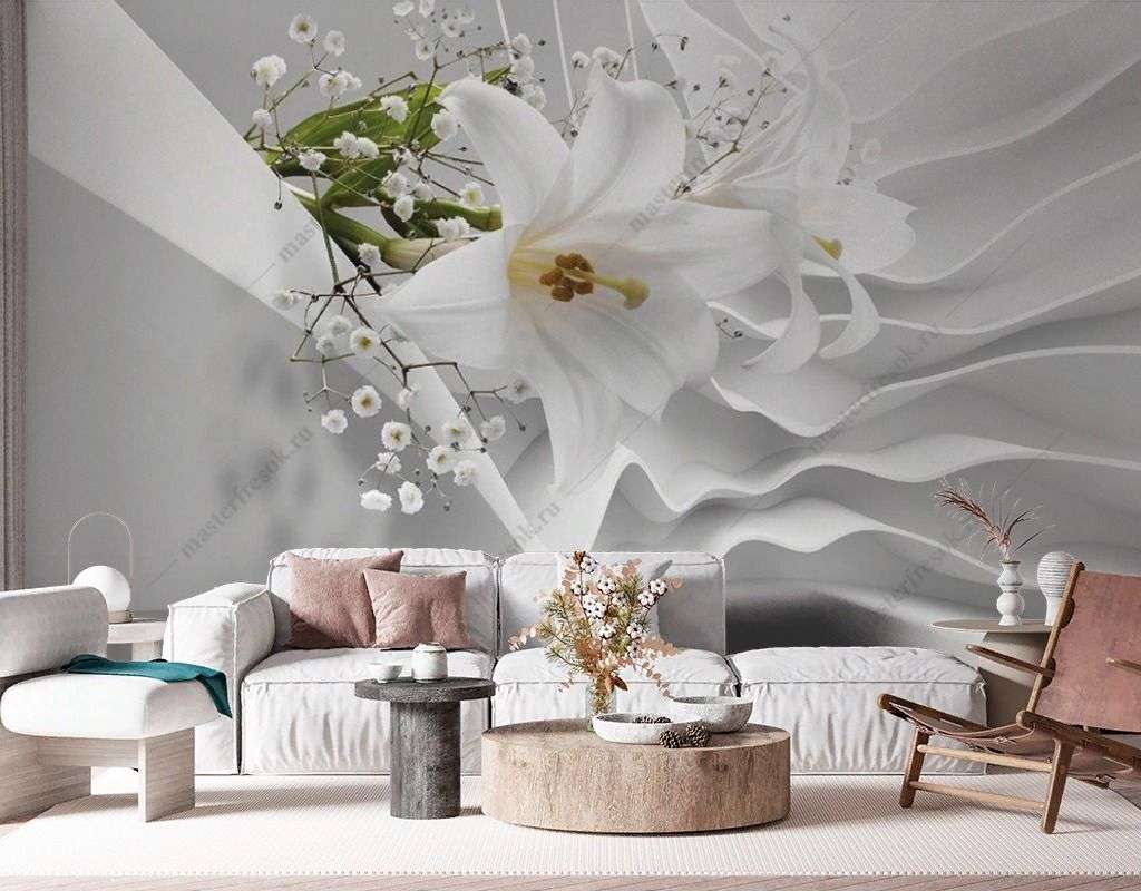 Фотообои в интерьере белые лилии 3d  10-983 фото