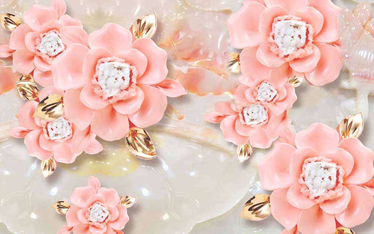 Фотообои в интерьере 3д объемные цветы розовые с золотыми листочками  10-511 фото