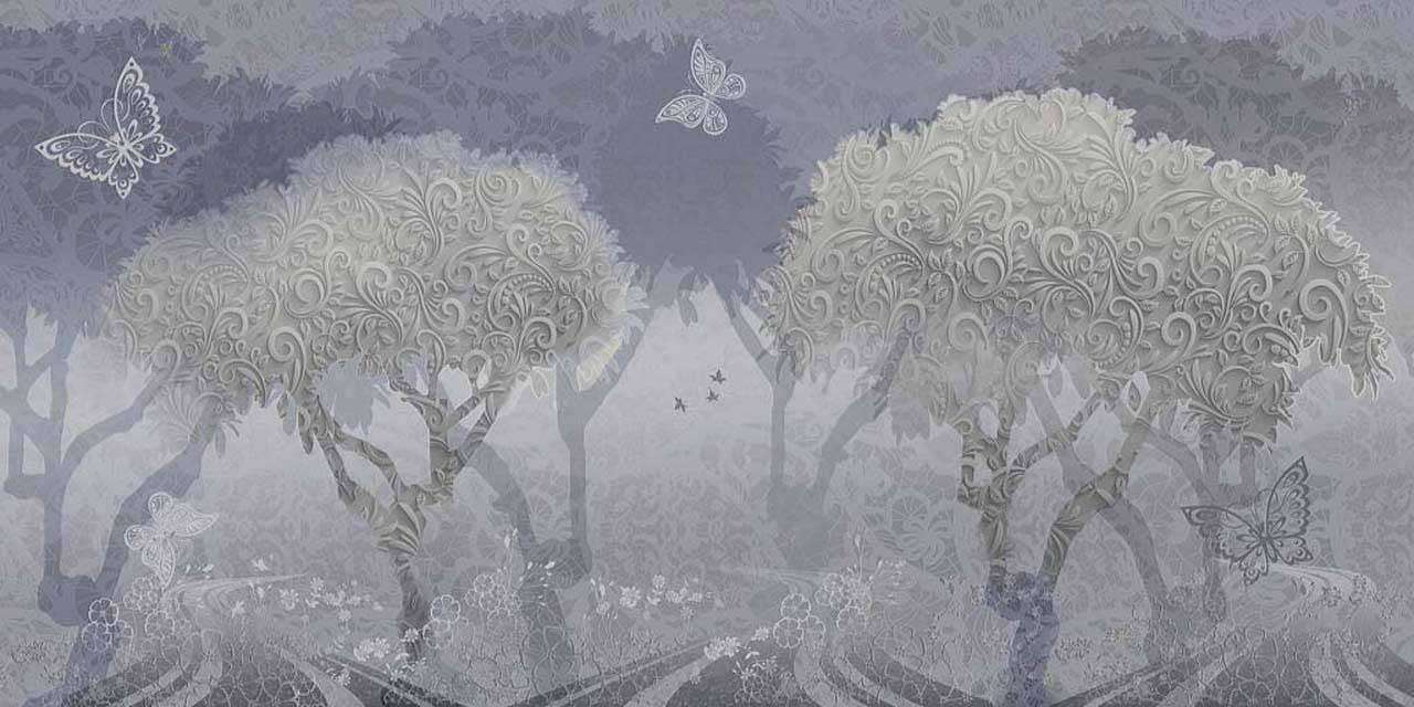 Фотообои в интерьере лес в тумане с бабочками  7-262 фото