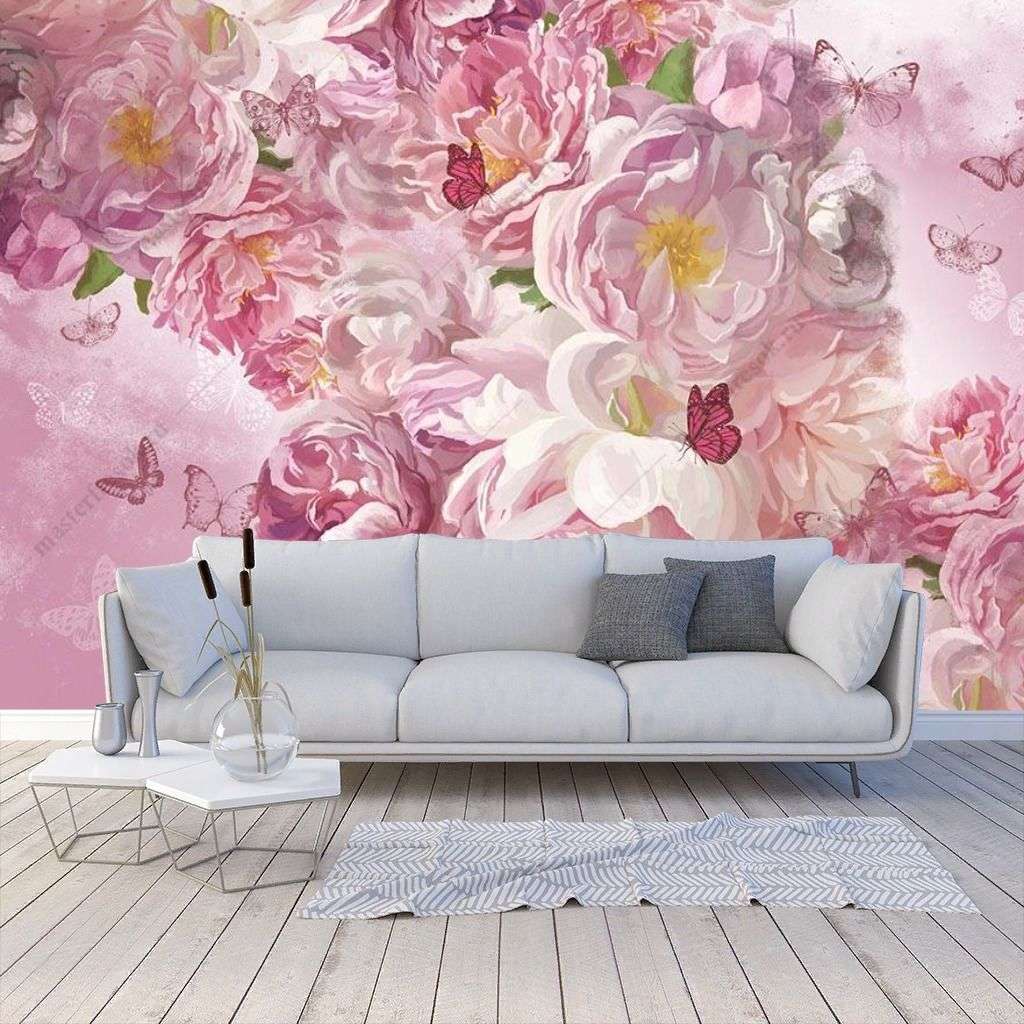 Фотообои в интерьере розовые пионы  10-874 фото