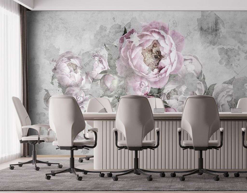 Фотообои в интерьере пионы на сером фоне  9-1605 фото