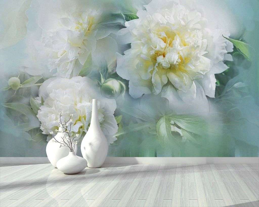 Фотообои в интерьере пион 3д в дымке  13-240 фото