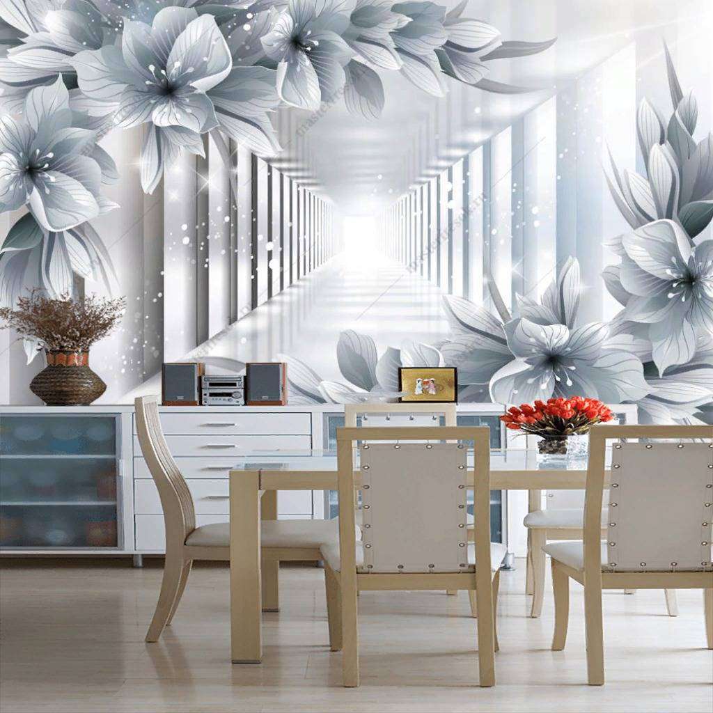 Фотообои в интерьере 3д белые цветы в тоннеле  10-852 фото