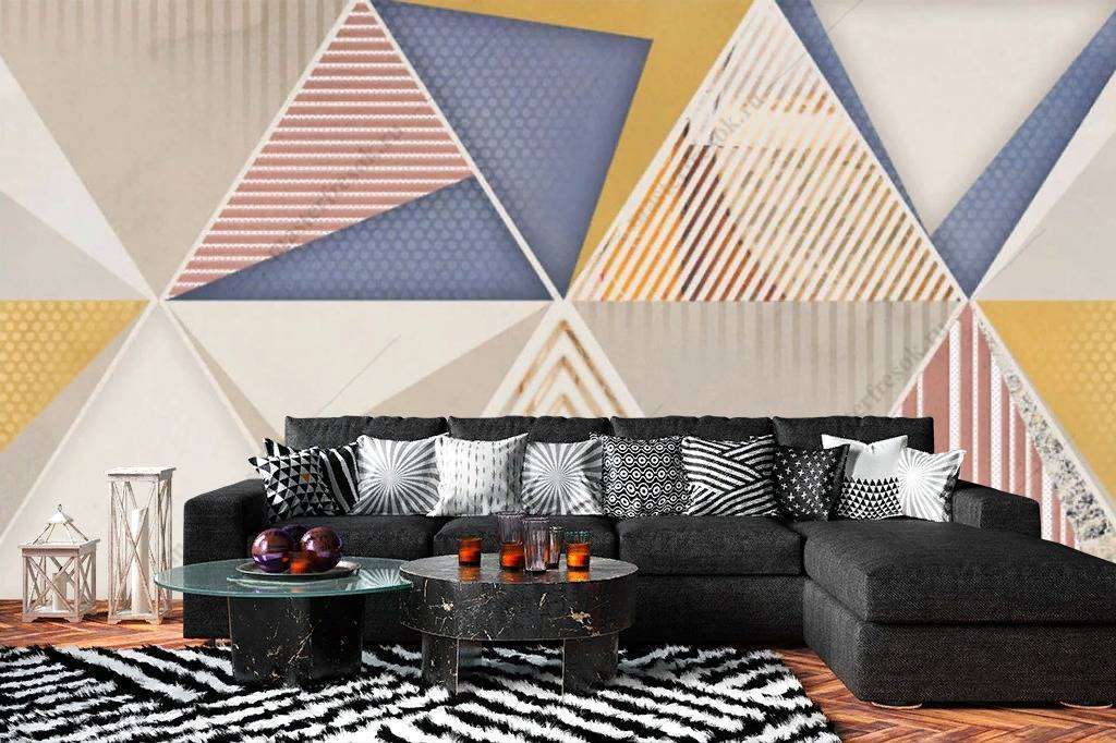 Фотообои в интерьере разноцветные треугольники  15-811 фото