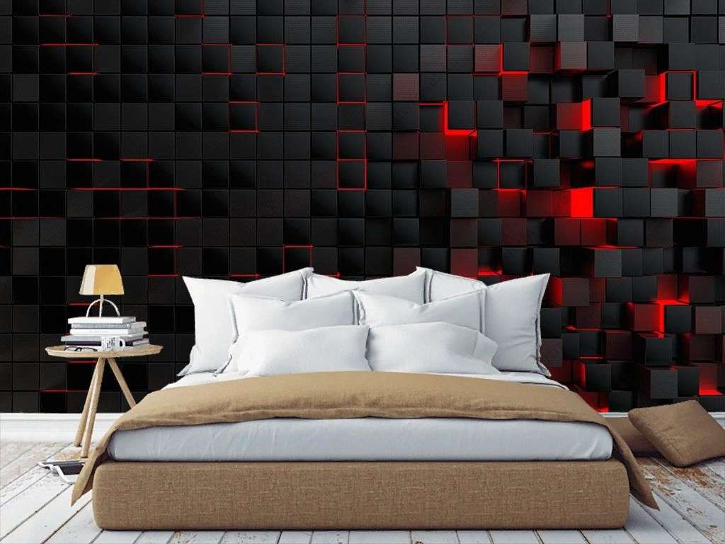 Фотообои в интерьере 3д стена черные квадраты на красном  10-884 фото