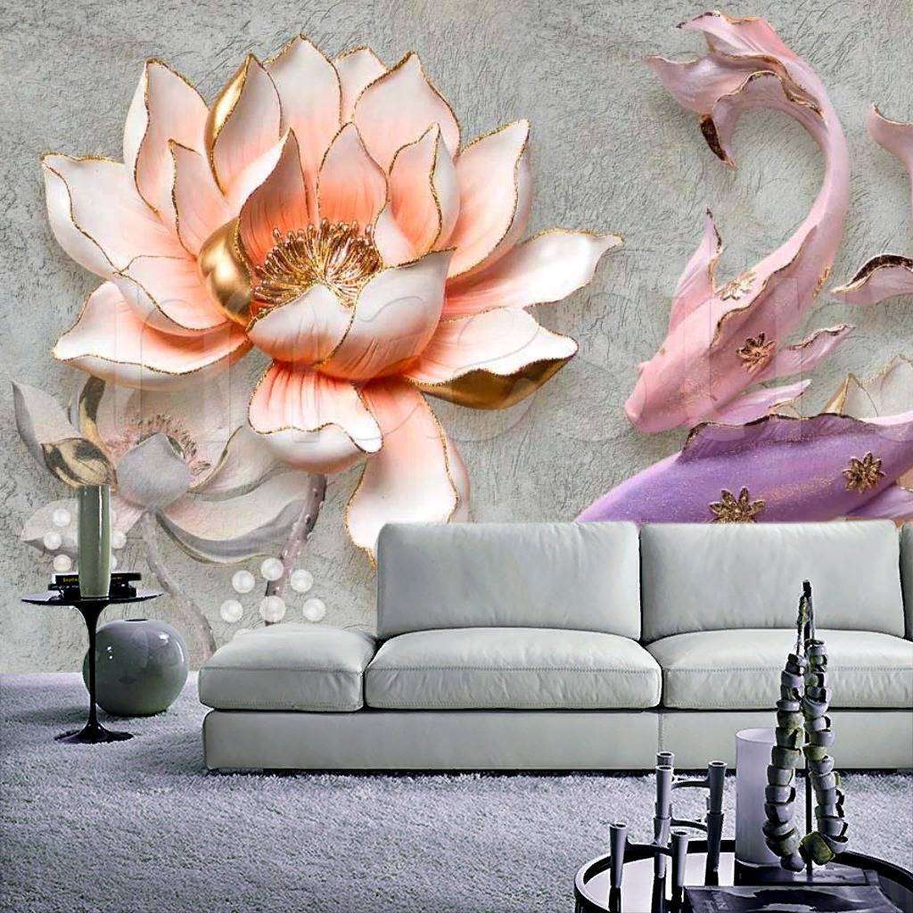 Фотообои в интерьере 3д цветы и рыбы  7-802 фото