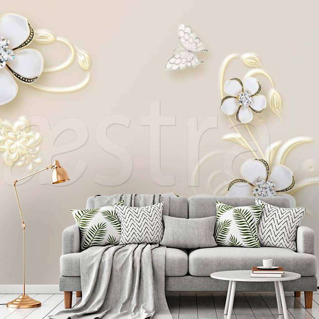 Фотообои 3д цветы белые со стразами и бабочкой  10-498