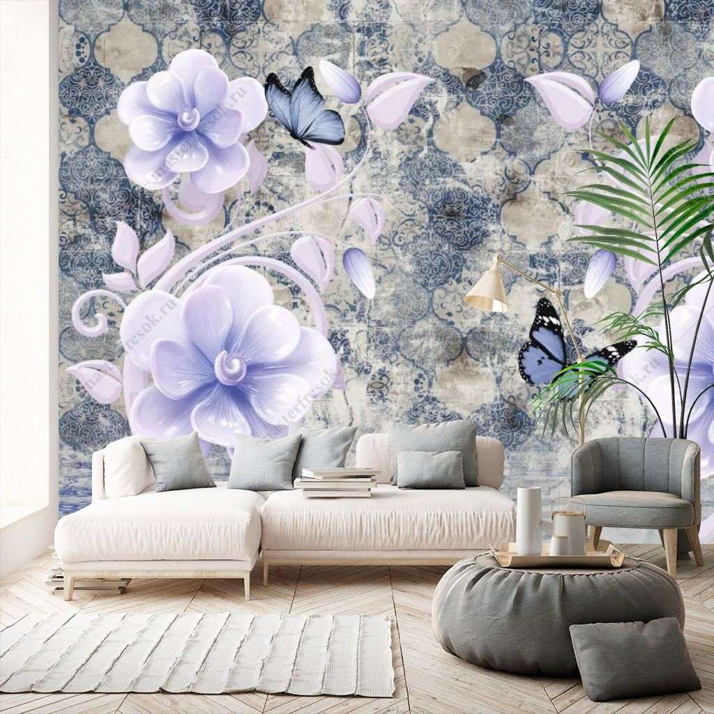 Фотообои в интерьере 3д цветы на синем фоне  10-909 фото