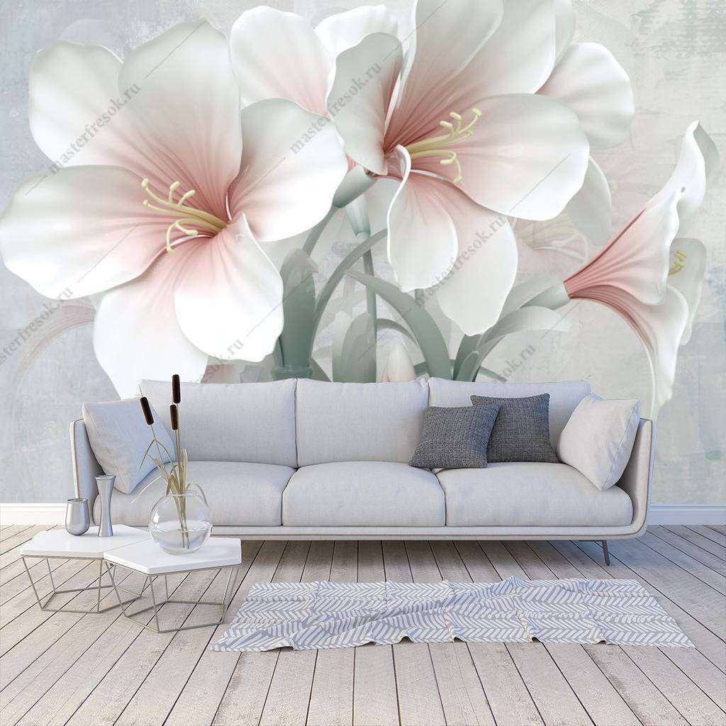 Фотообои в интерьере 3д цветы белые  10-646 фото