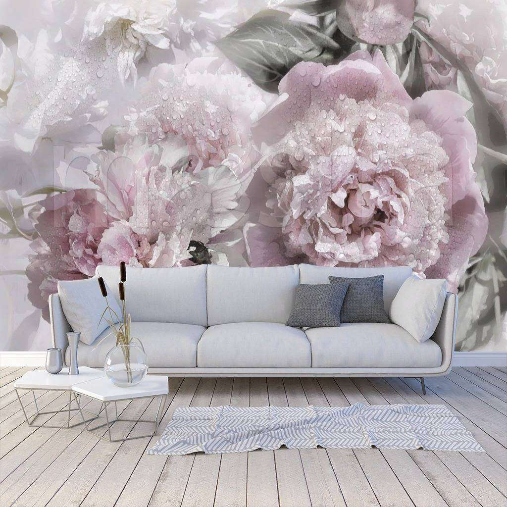 Фотообои в интерьере букет не ярких пионов  7-929 фото