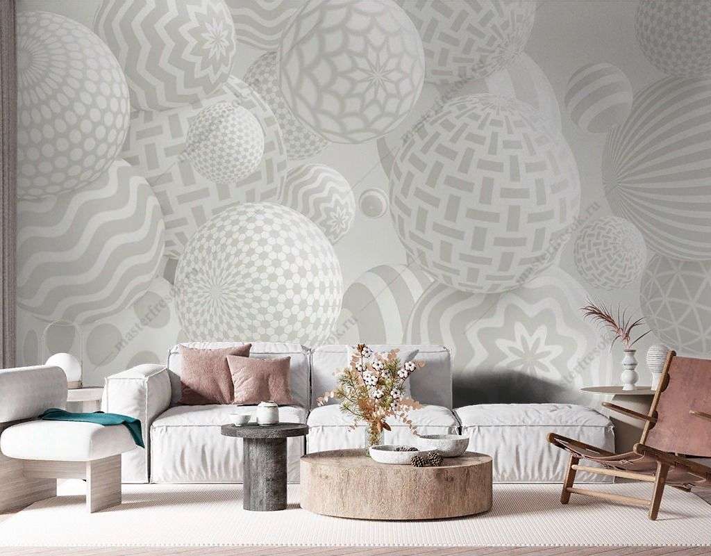 Фотообои в интерьере объмные 3d шары с рисунком  10-984 фото