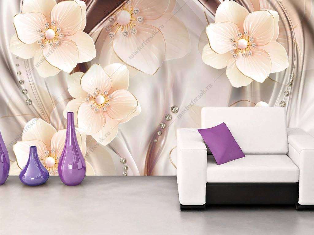 Фотообои в интерьере 3д объемные белые цветы  10-836 фото