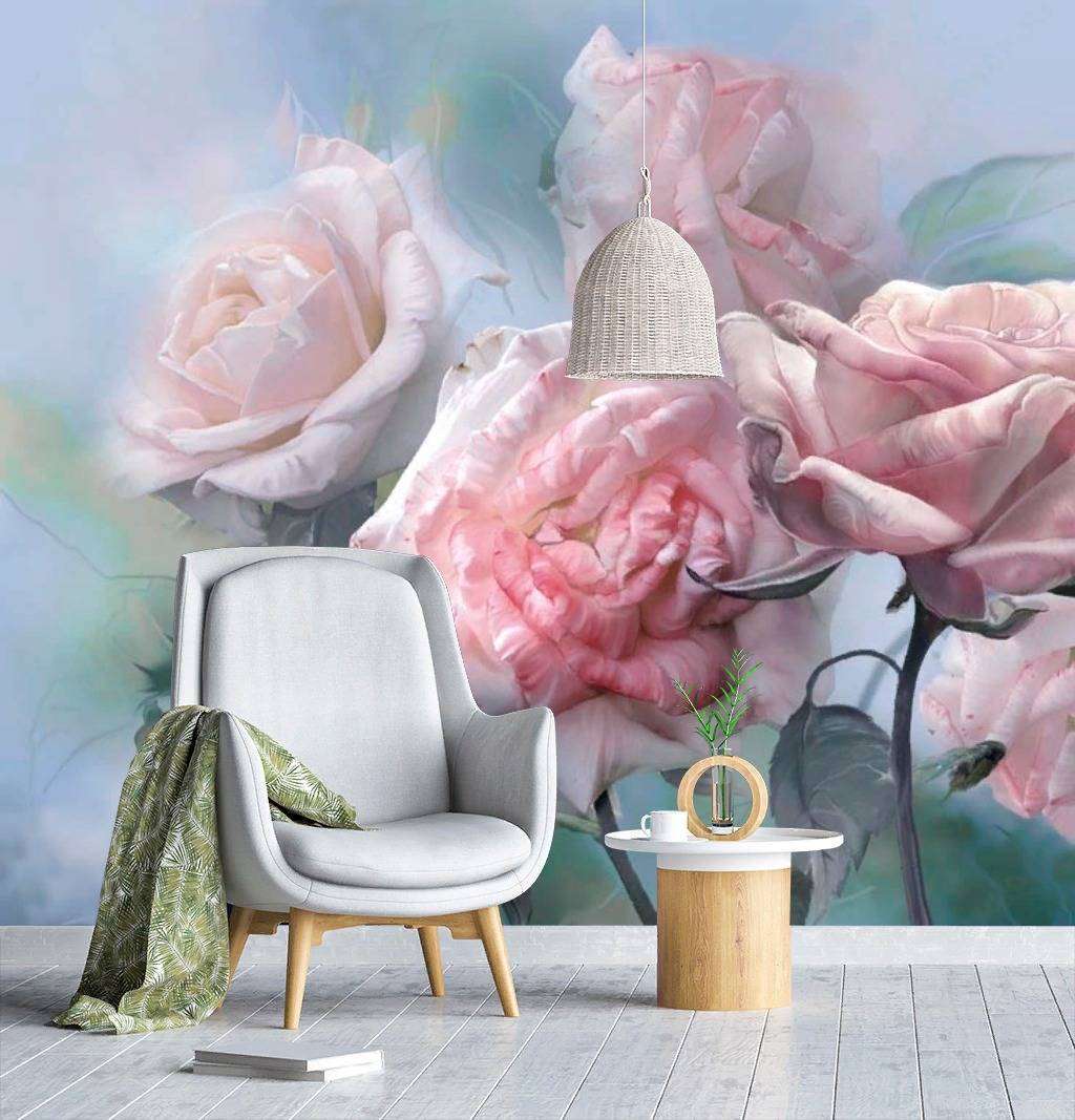 Фотообои в интерьере розы на голубом фоне  13-265 фото