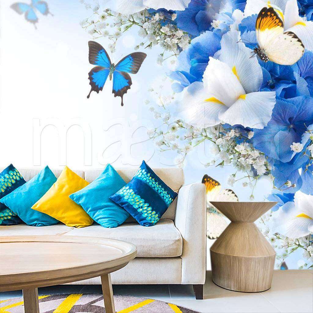 Фотообои Синие цветы и бабочки  9-069