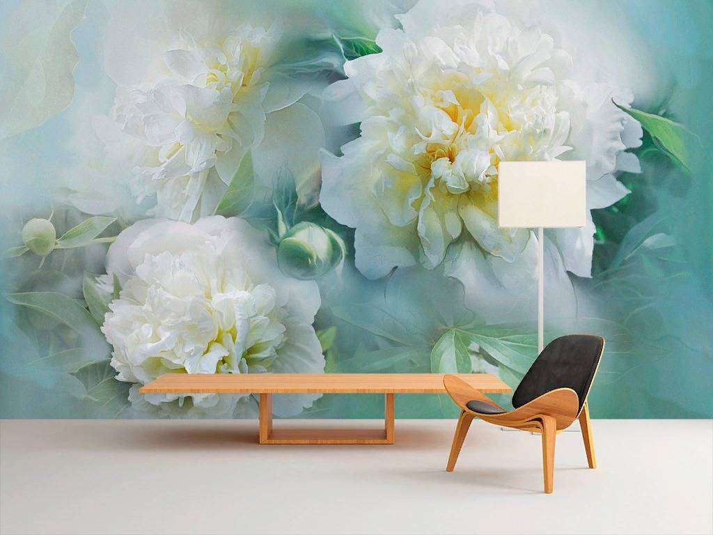 Фотообои в интерьере пион 3д в дымке  13-240 фото