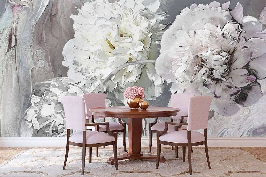 Фотообои в интерьере пионы 3д серые  13-230 фото