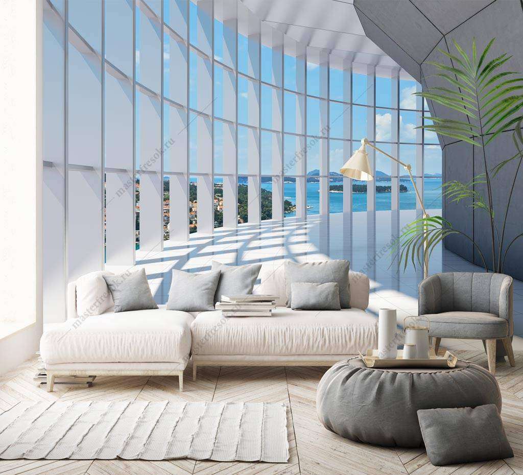 Фотообои в интерьере тоннель 3д с видом на море  10-866 фото