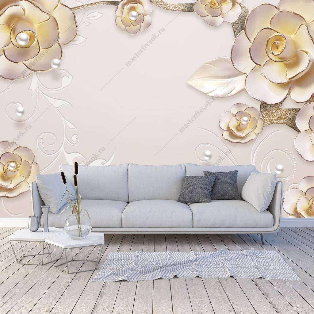 Фотообои в интерьере 3д розы желтые  10-665 фото