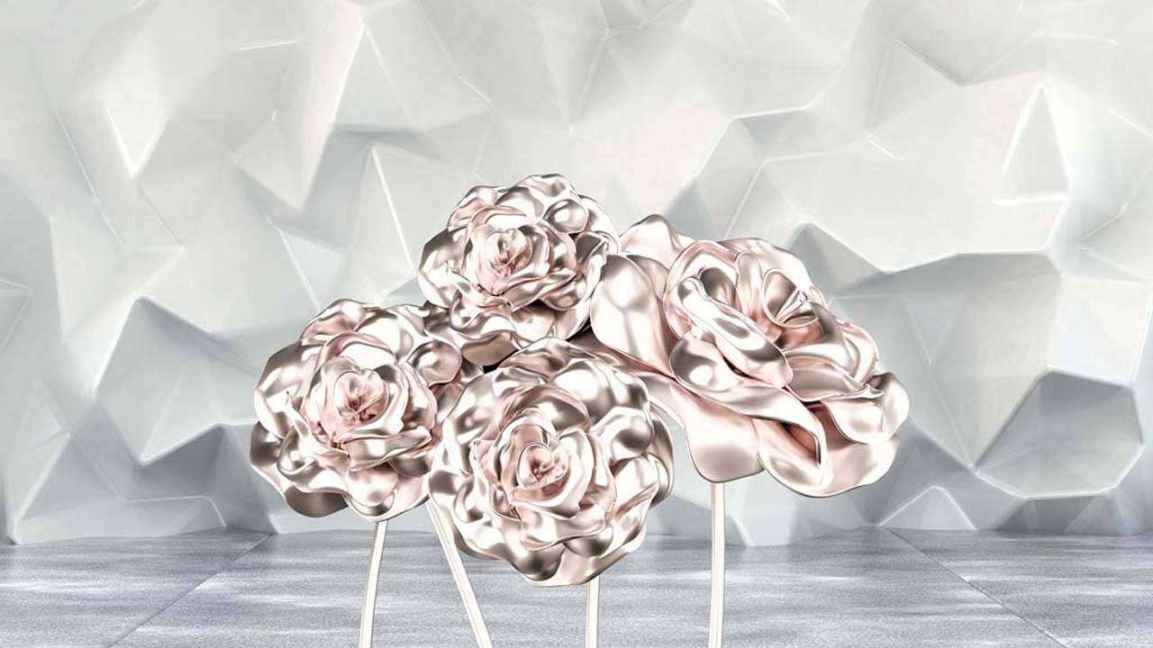 Фотообои в интерьере 3д цветы на серых квадратах  10-548 фото