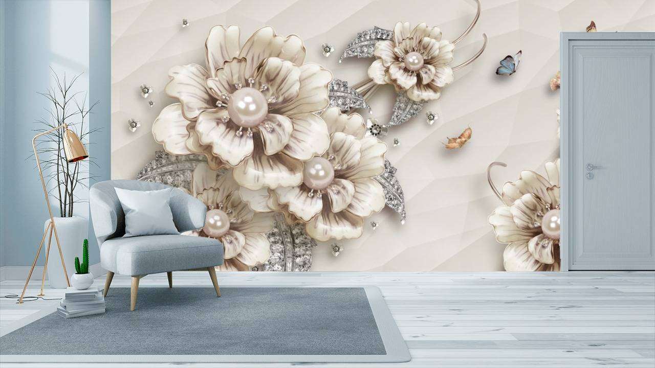 Фотообои в интерьере бежевые цветы  10-614 фото