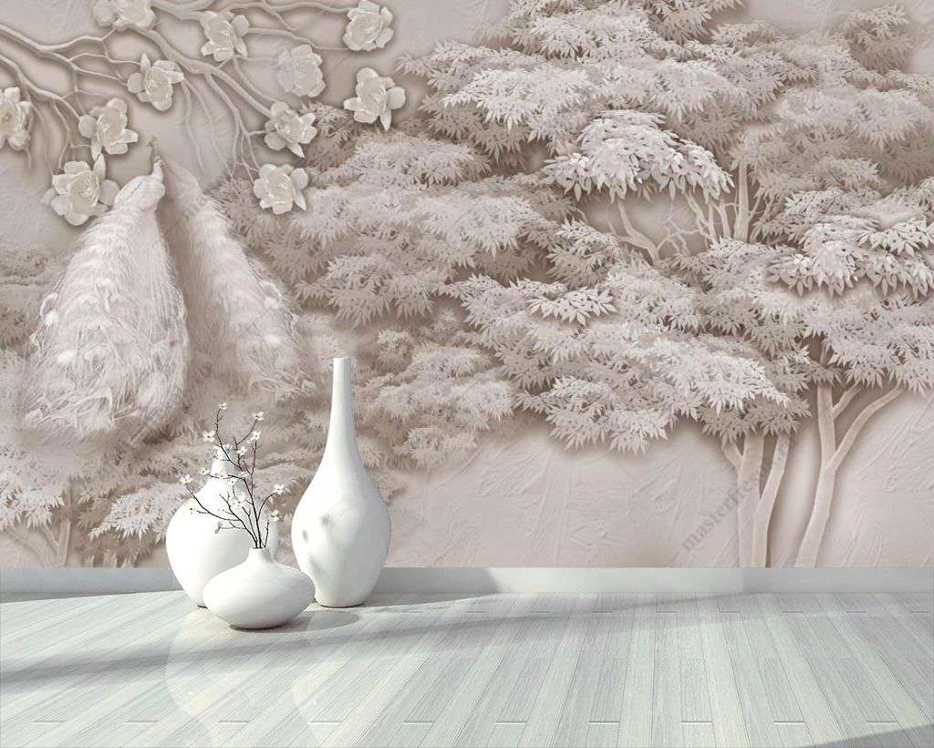 Фотообои в интерьере павлин у дерева  13-350 фото