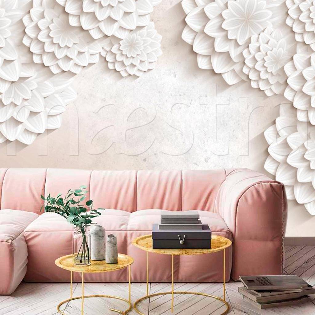 Фотообои 3д цветы на розовом фоне в виде арки  10-536