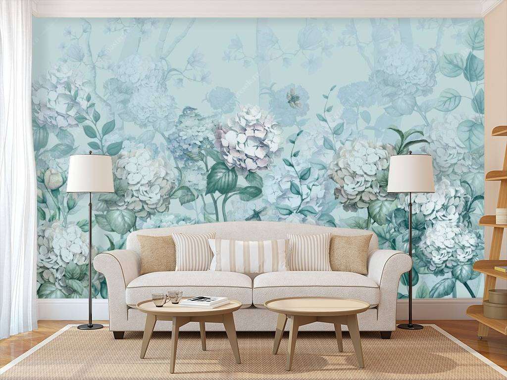Фотообои в интерьере мятные гортензии  13-113 фото