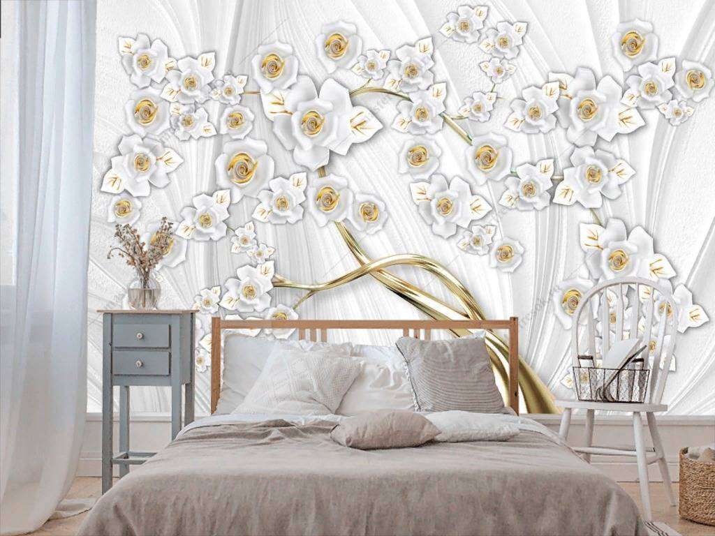 Фотообои в интерьере 3д золотое дерево на белом фоне  10-853 фото