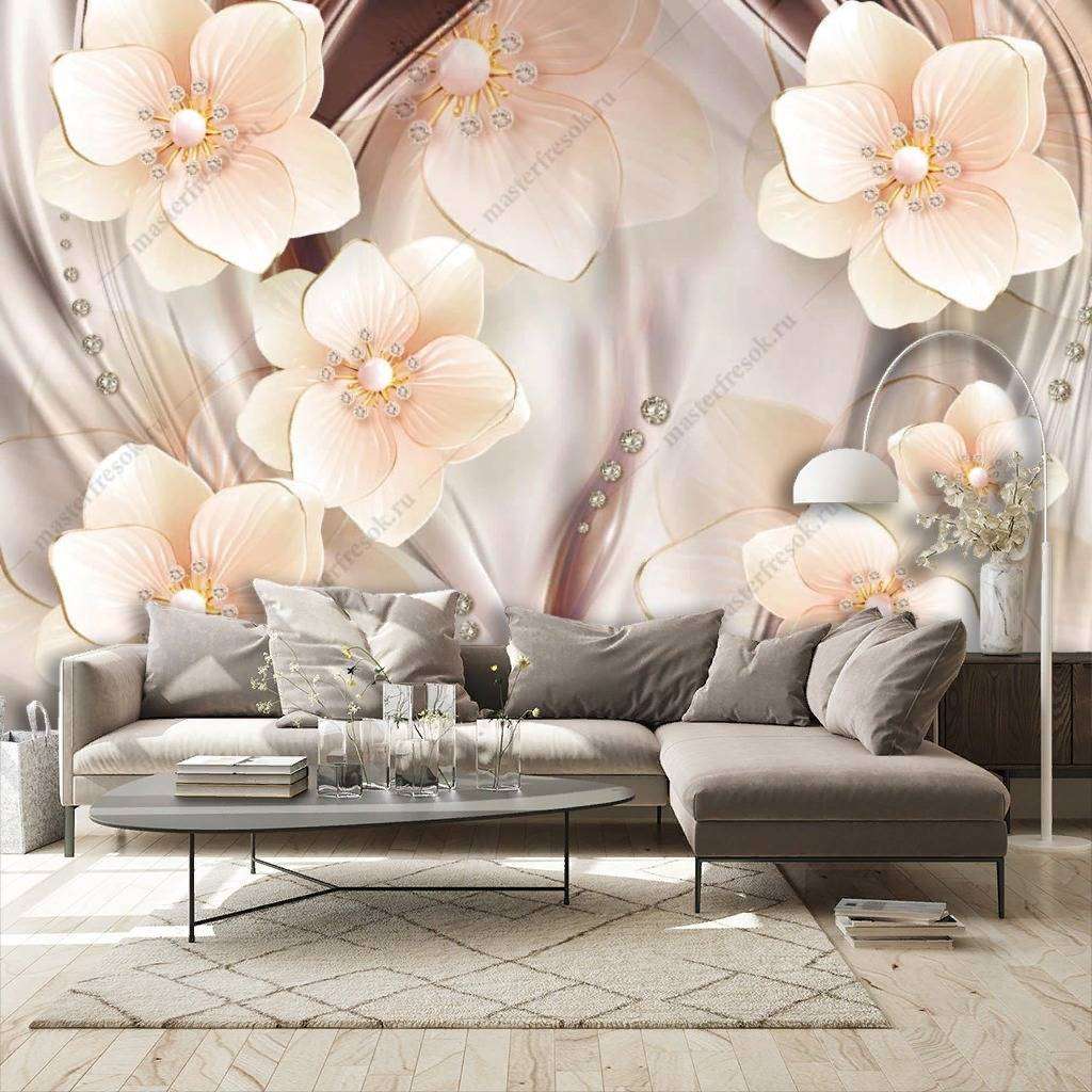 Фотообои в интерьере 3д объемные белые цветы  10-836 фото
