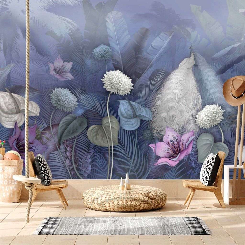 Фотообои в интерьере павлин в цветах  13-345 фото