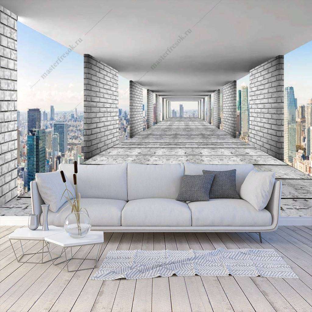 Фотообои в интерьере 3д тоннель расширяющий пространство  10-838 фото