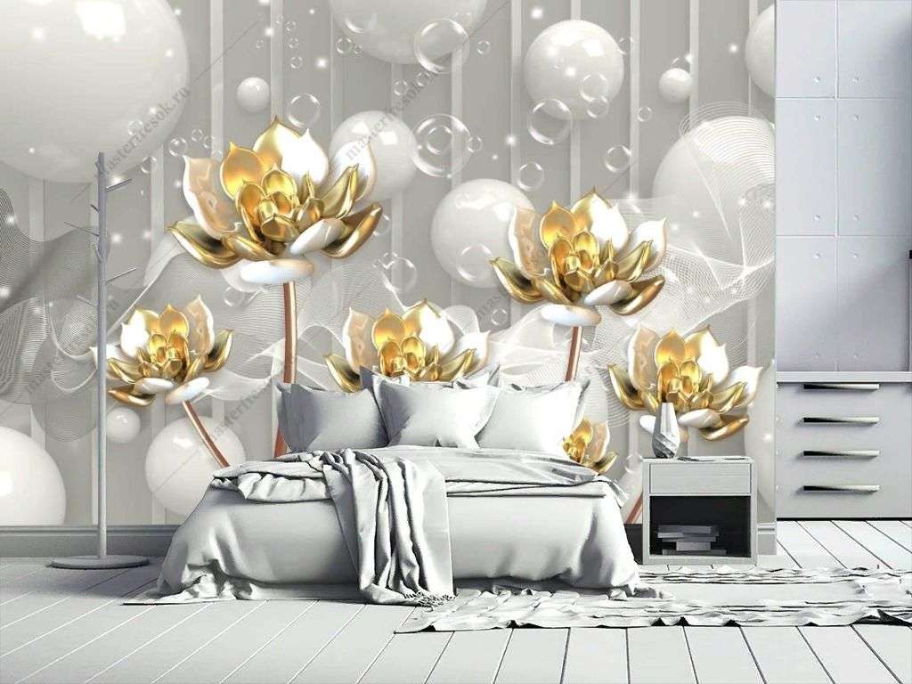 Фотообои в интерьере 3д золотые цветы на стену  10-915 фото