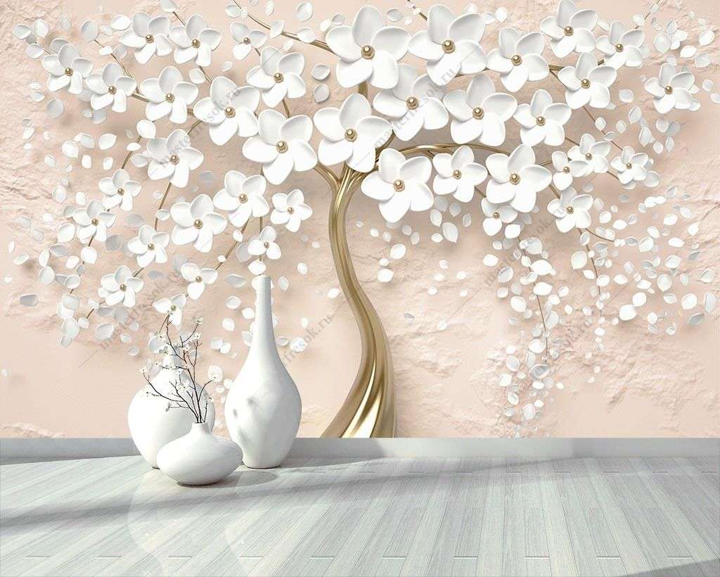 Фотообои в интерьере дерево 3д на пудровом фоне  10-888 фото
