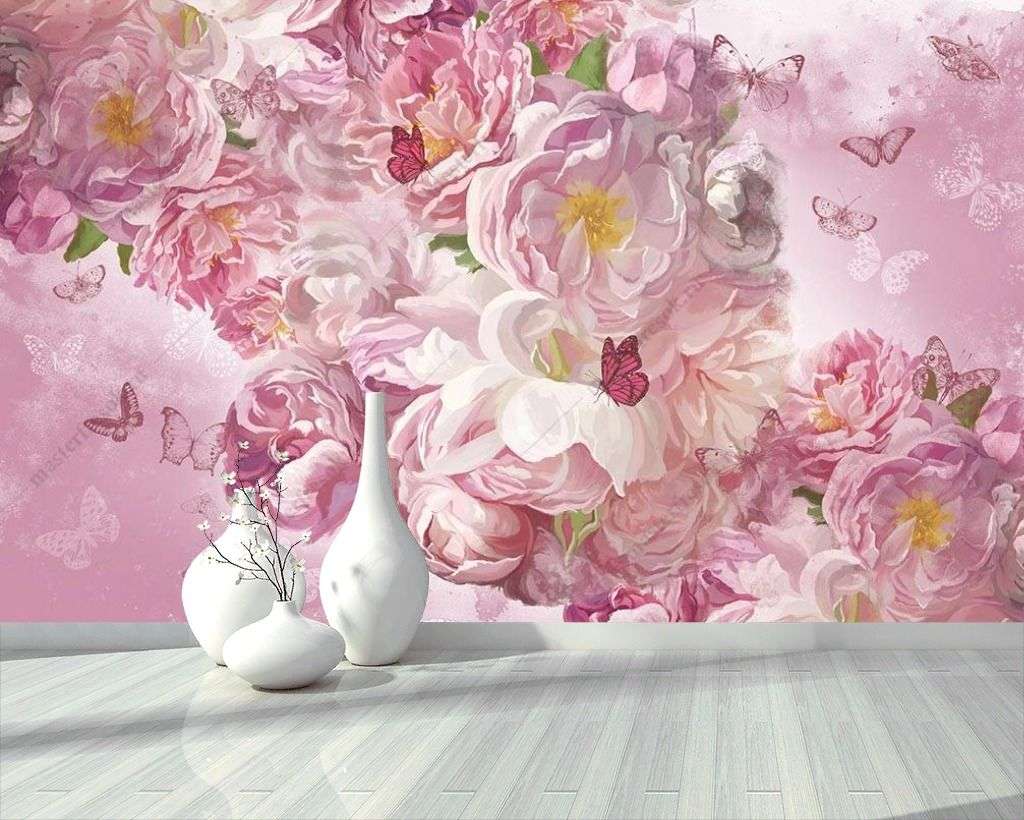 Фотообои в интерьере розовые пионы  10-874 фото