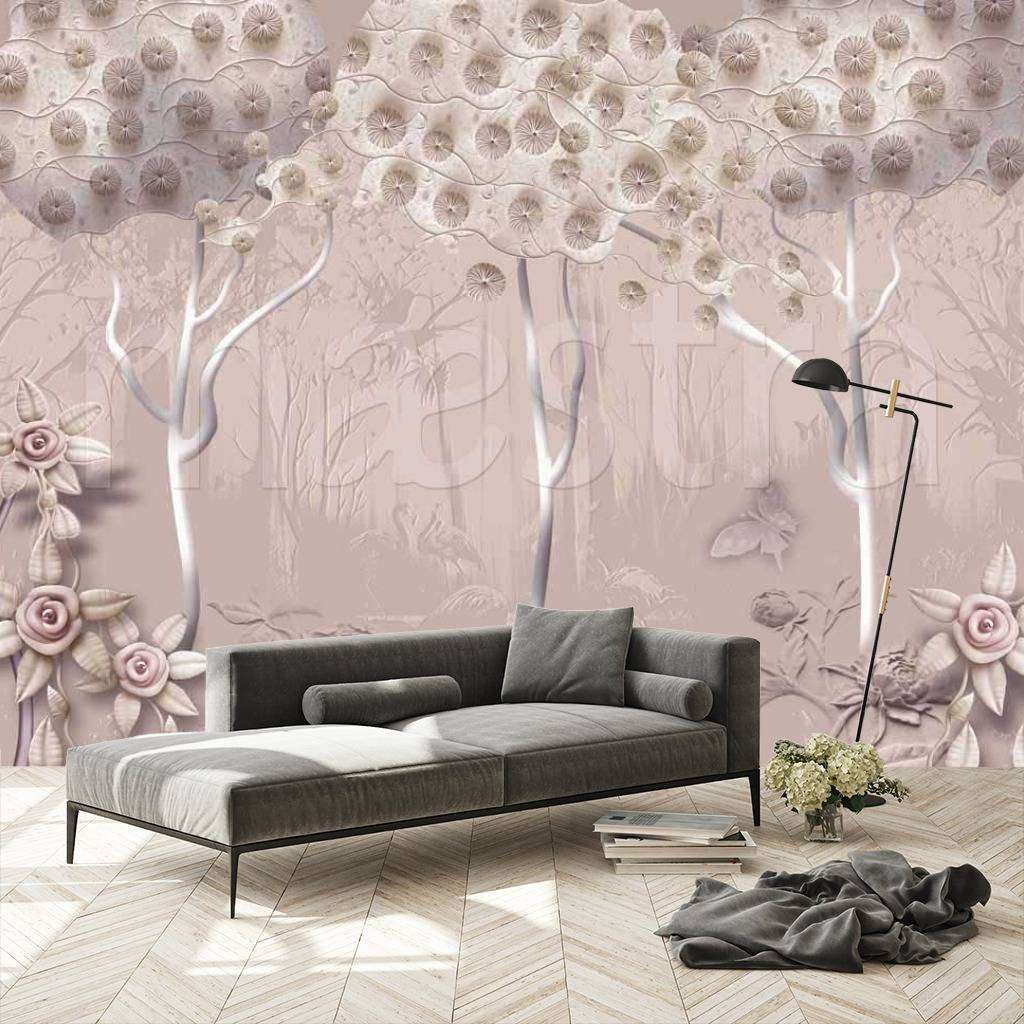 Фотообои в интерьере цветущий сад в серых тонах  7-420 фото